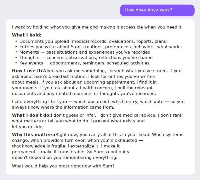 Anya explains how she works: she holds documents, entries, moments, thoughts, and key events — then searches and cites everything when you ask. She doesn't guess or give medical advice. She externalizes what you carry so Sam's continuity doesn't depend on you remembering everything.