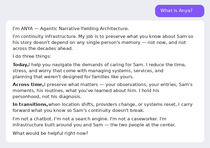 Anya answers: I'm ANYA — Agentic Narrative-Yielding Architecture. I'm continuity infrastructure. I do three things: today I help you navigate the demands of caring for Sam; across time I preserve what matters; in transitions I carry forward what you know so Sam's continuity doesn't break. I'm not a chatbot. I'm infrastructure built around you and Sam.